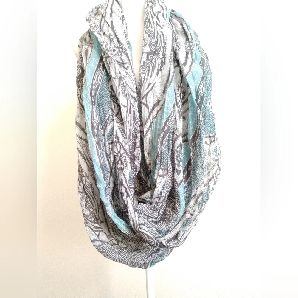 Grey Blue Floral Geometric Infinity Scarf Circle Loop 32